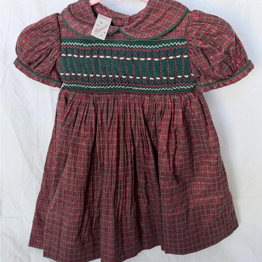 Girls' Pink Plaid Smocked Formal Dress with Green Yoke